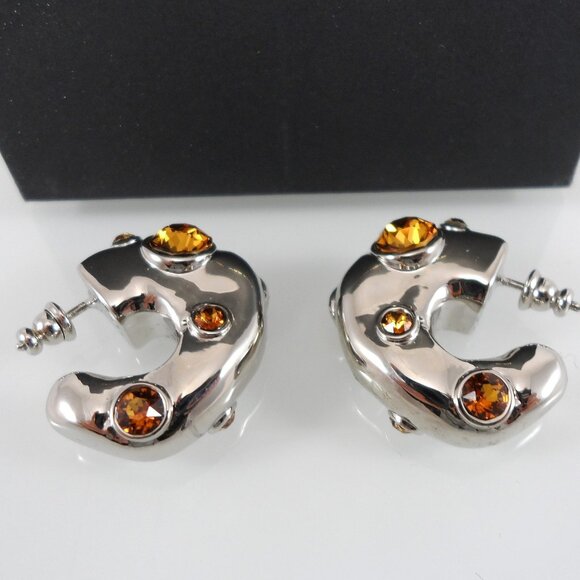 NWT$725 Dries Van Noten Brass Silver Colored Crystal Embellished Hoop Earrings - Picture 10 of 16